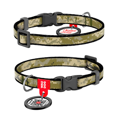 WAUDOG Nylon «Милитари» Ошейник для кошек и собак мелких пород, нейлоновый с QR паспортом, пластиковый фастекс
