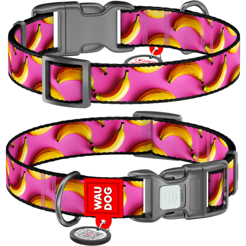 WAUDOG Nylon Ошейник для собак нейлоновый с QR паспортом "Бананы на розовом", пластиковый фастекс