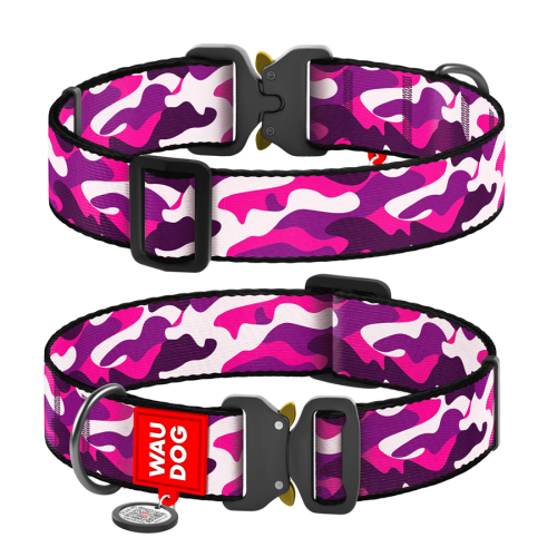 WAUDOG Nylon «Розовый камо» XXL, Ошейник для собак нейлоновый с QR паспортом, металлическая пряжка-фастекс