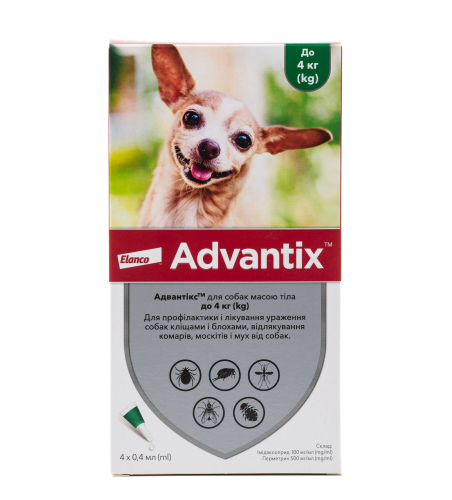 Advantix - капли (0,4 мл) на холку для защиты собак до 4 кг от блох, власоедов, клещей