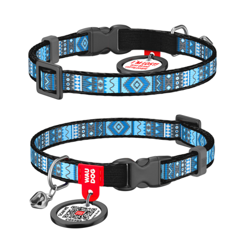 WAUDOG Nylon «Этно синий» Ошейник для кошек, нейлоновый с QR паспортом, пластиковый фастекс