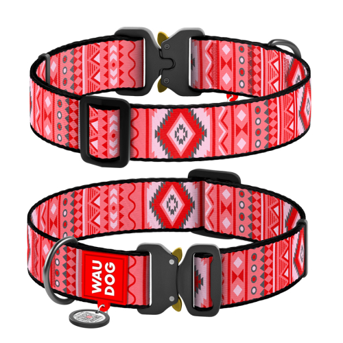 WAUDOG Nylon «Этно красный» XXL, Ошейник для собак нейлоновый с QR паспортом, металлическая пряжка-фастекс
