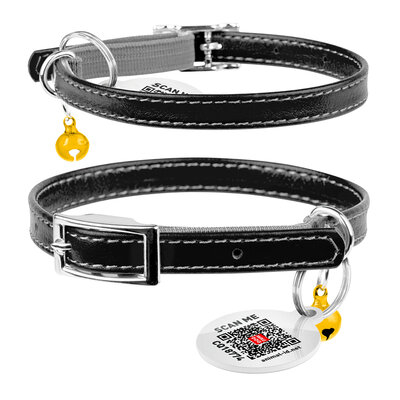 WAUCAT Glamour Нашийник для котів шкіряний з QR паспортом, чорний