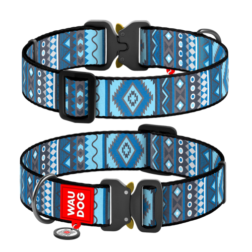 WAUDOG Nylon «Этно синий» XXL, Ошейник для собак нейлоновый с QR паспортом, металлическая пряжка-фастекс