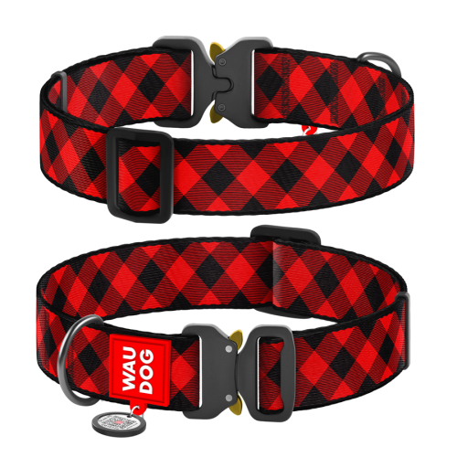WAUDOG Nylon «Шотландка красная» XXL, Ошейник для собак нейлоновый с QR паспортом, металлическая пряжка-фастекс
