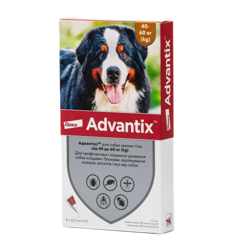 Advantix – капли (6 мл) на холке для защиты собак от 40 до 60 кг от блох, власоедов, клещей