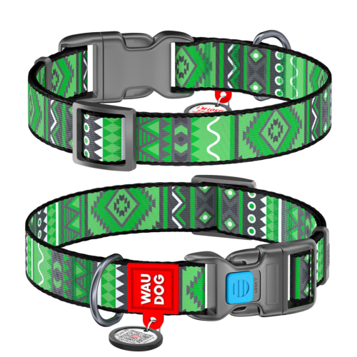 WAUDOG Nylon «Этно зеленый» Ошейник для собак нейлоновый с QR паспортом, пластиковый фастекс