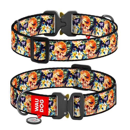 WAUDOG Nylon «Гламурные черепа» XXL, Ошейник для собак нейлоновый с QR паспортом, металлическая пряжка-фастекс