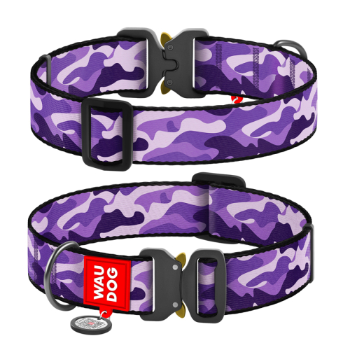 WAUDOG Nylon «Фиолетовый камо» XXL, Ошейник для собак нейлоновый с QR паспортом, металлическая пряжка-фастекс