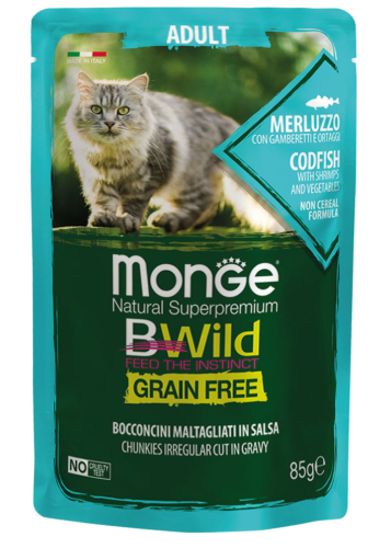 Cat Wet Bwild Grain Free - вологий беззерновий корм із тріски з креветками для дорослих кішок (шматочки в соусі)