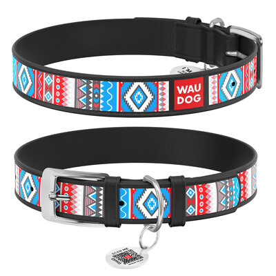 WAUDOG Design "Етно" Нашийник для собак з QR паспортом, шкіряний, чорний
