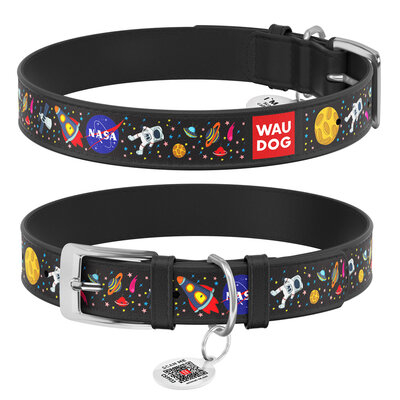 WAUDOG Design «NASA» Нашийник для собак з QR паспортом, шкіряний, чорний