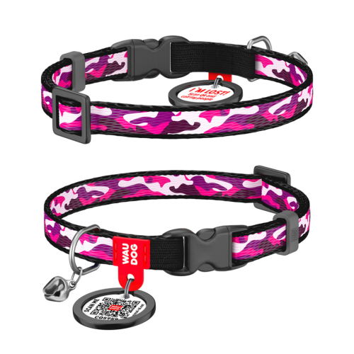 WAUDOG Nylon «Розовый камо» Ошейник для кошек, нейлоновый с QR паспортом, пластиковый фастекс