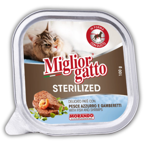 Migliorgatto Sterilized Беззерновые консервы для стерилизованных кошек с голубой рыбой и креветками