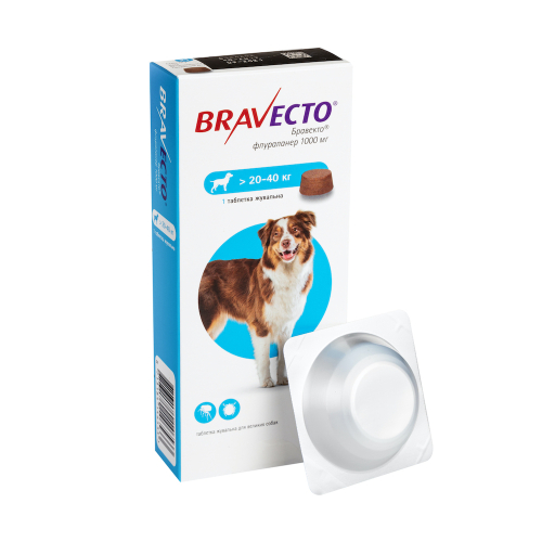 Bravecto - жевательные таблетки (1000 мг) для собак от 20 до 40 кг от блох и клещей