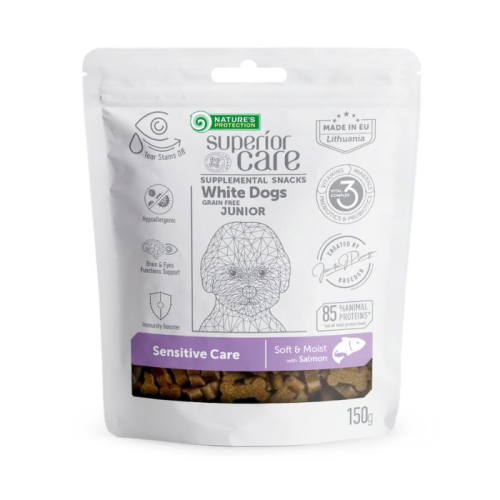 Superior Care White Dogs Sensitive Care Беззерновые лакомства с чувствительным пищеварением с лососем для юниоров с белой окраской