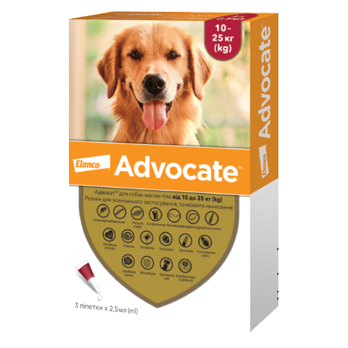 Advocate - капли (2,5 мл) на холке для защиты собак от 10 до 25 кг от блох, клещей и гельминтов