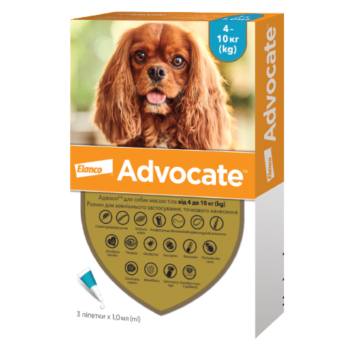 Advocate - капли (1 мл) на холке для защиты собак от 4 до 10 кг от блох, клещей и гельминтов