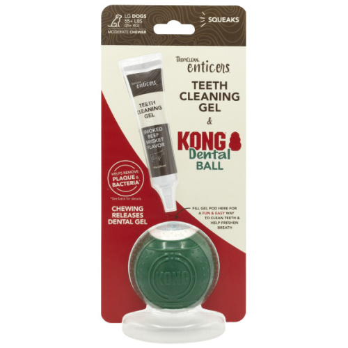 Enticers Kong Dental Ball Набор по уходу за полостью рта, мячик и гель со вкусом копченой говяжьей грудки для собак больших пород