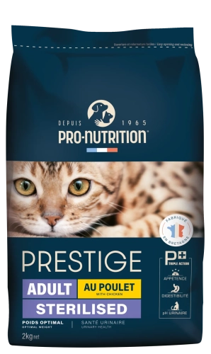 PRESTIGE CAT ADULT STERILIZED CHICKEN Повнораціонний сухий корм для дорослих стерилізованих кішок, кастрованих котів з куркою, підходить при надмірній вазі