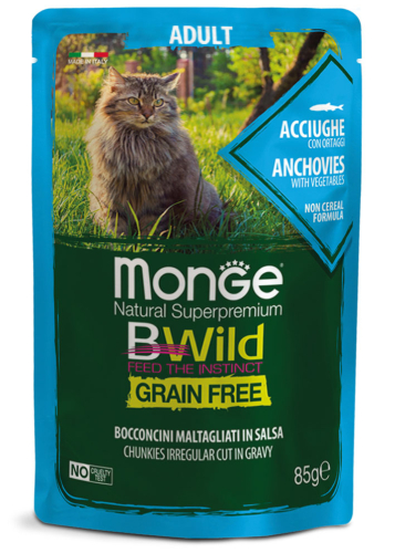 Cat Wet BWild Grain Free Anchovies - влажный беззерновой корм из анчоусов для взрослых кошек (кусочки в соусе)