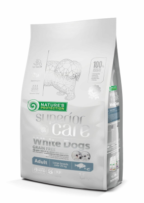 Superior Care White Dogs Grain Free Adult Large Breeds White Fish Беззерновой сухой корм с белой рыбой для взрослых собак крупных пород с белоснежной шерстью.