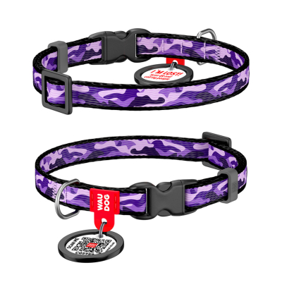 WAUDOG Nylon «Фиолетовый камо» Ошейник для собак нейлоновый с QR паспортом, пластиковый фастекс